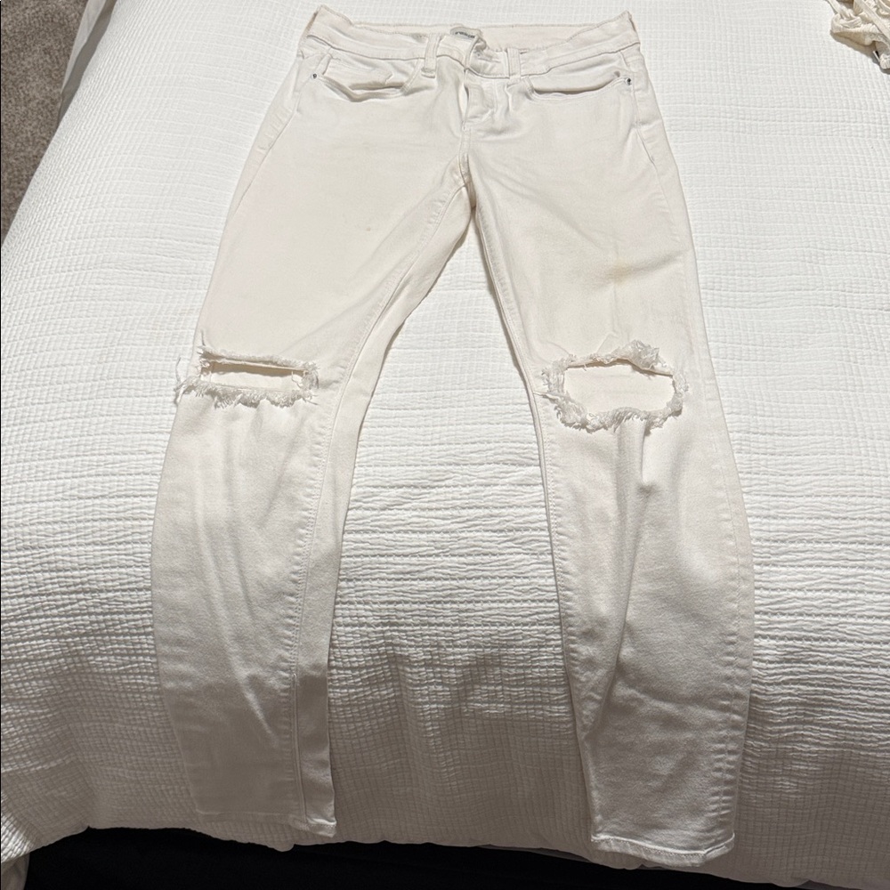 Sneak Peek Women's Straight Leg Distressed Cream Jeans